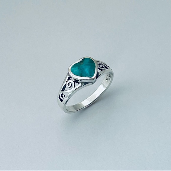 Sterling Silver Swirly and Genuine Turquoise Heart Ring, Silver Rings, Stones - Picture 4 of 12